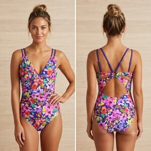 Floral One Piece Swimsuit Ruched Tummy Control V Neck Cross Ring Back